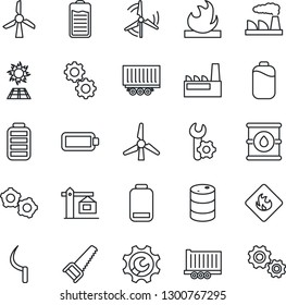 Thin Line Icon Set - gear vector, factory, saw, sickle, truck trailer, flammable, oil barrel, battery, low, root setup, windmill, crane, sun panel