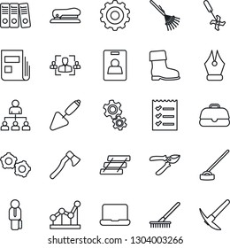 Thin Line Icon Set - gear vector, hierarchy, trowel, rake, pruner, boot, hoe, axe, ripper, news, identity card, hr, ink pen, checklist, point graph, paper binder, tray, notebook pc, manager, stapler