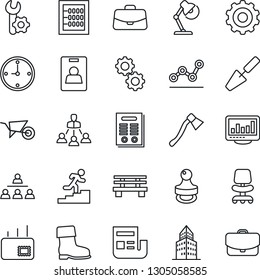 Thin Line Icon Set - gear vector, office chair, case, trowel, wheelbarrow, boot, axe, bench, root setup, clock, monitor statistics, building, news, identity card, abacus, point graph, desk lamp