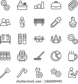 Thin Line Icon Set - gear vector, farm fork, rake, axe, bench, blood test vial, group, root setup, coffee, paper clip, bar graph, pie, manager desk, binder, meeting, printer, pencil, stamp, book