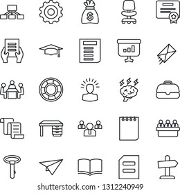 Thin Line Icon Set - gear vector, contract, office chair, book, team, graduate, desk, notepad, document, money bag, brainstorm, meeting, shining head, case, paper plane, hierarchy, crisis management