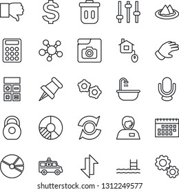 Thin Line Icon Set - gear vector, dollar sign, calculator, circle chart, glove, ambulance car, support, heavy, microphone, share, finger down, paper pin, tuning, data exchange, photo gallery, update
