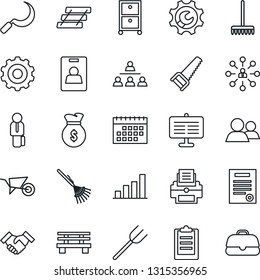 Thin Line Icon Set - gear vector, hierarchy, farm fork, rake, wheelbarrow, saw, sickle, bench, group, root setup, clipboard, calendar, presentation board, bar graph, identity card, printer, contract