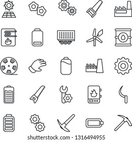 Thin Line Icon Set - gear vector, glove, saw, sickle, truck trailer, oil barrel, reel, battery, low, root setup, sun panel, factory, water heater, windmill, hard work