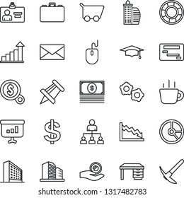 Thin Line Icon Set - gear vector, mail, office building, identity card, growth statistic, hierarchy, dollar sign, case, graduate, mouse, desk, coffee, drawing pin, circle chart, crisis, money search