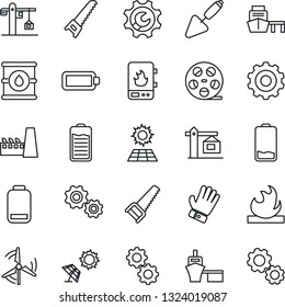 Thin Line Icon Set - gear vector, trowel, glove, saw, sea port, flammable, oil barrel, reel, battery, low, root setup, sun panel, windmill, crane, factory, water heater
