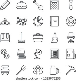 Thin Line Icon Set - gear vector, team, job, farm fork, rake, blood test vial, settings, themes, case, coffee, copybook, pie graph, news, calculator, abacus, desk lamp, tie, hierarchy, pencil, stamp