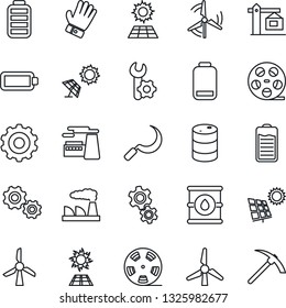 Thin Line Icon Set - gear vector, factory, glove, sickle, oil barrel, reel, battery, low, root setup, sun panel, windmill, crane, hard work