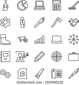 Thin Line Icon Set - gear vector, hierarchy, case, rake, wheelbarrow, boot, saw, axe, settings, themes, copybook, bar graph, pie, document search, hr, calculator, office phone, target, notebook pc