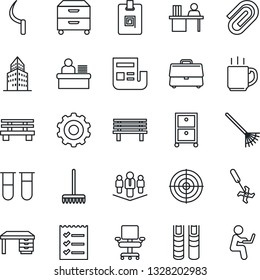 Thin Line Icon Set - gear vector, desk, rake, sickle, bench, ripper, blood test vial, case, coffee, paper clip, office building, news, identity card, chair, checklist, manager, target, archive box