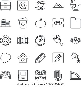 Thin Line Icon Set - gear vector, coffee, pencil, rain, pumpkin, heart hand, folder, notes, compass, copybook, paper clip, archive box, mountains, fence, office building, smart home, vip zone, ham