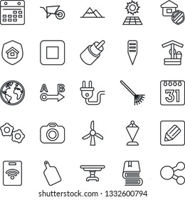 Thin Line Icon Set - gear vector, pennant, rake, wheelbarrow, well, plant label, earth, route, camera, stop button, rca, calendar, notes, book, sun panel, mountains, table, estate insurance