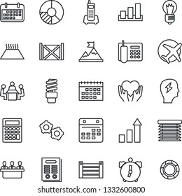 Thin Line Icon Set - gear vector, growth statistic, brainstorm, bulb, circle chart, heart hand, plane, office phone, term, container, sorting, alarm, calendar, meeting, contract, warm floor