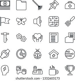 Thin Line Icon Set - gear vector, tie, document, brainstorm, circle chart, garden fork, rake, butterfly, lady bug, doctor case, blood pressure, heart hand, joint, network, folder, drawing pin, chip