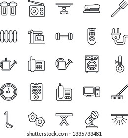 Thin Line Icon Set - gear vector, farm fork, rake, watering can, picnic table, barbell, office phone, clock, microphone, radio, stapler, washer, crane, ladle, power plug, remote control, pc