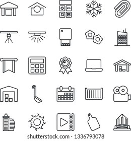 Thin Line Icon Set - gear vector, calculator, medal, calendar, sun, cargo container, warehouse storage, video, paper clip, notebook pc, office building, city house, ladle, cutting board, snowflake
