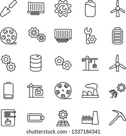 Thin Line Icon Set - gear vector, factory, trowel, truck trailer, oil barrel, reel, battery, low, root setup, sun panel, windmill, crane, water heater, hard work