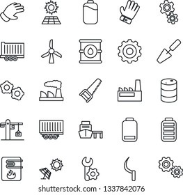 Thin Line Icon Set - gear vector, factory, trowel, glove, saw, sickle, truck trailer, sea port, oil barrel, battery, low, root setup, sun panel, crane, water heater, windmill