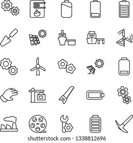 Thin Line Icon Set - gear vector, factory, trowel, glove, saw, sea port, reel, battery, low, root setup, sun panel, windmill, crane, water heater, hard work