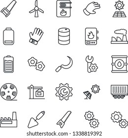 Thin Line Icon Set - gear vector, factory, trowel, glove, saw, sickle, truck trailer, oil barrel, reel, battery, low, root setup, sun panel, crane, water heater, windmill