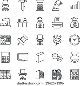 Thin Line Icon Set - gear vector, office building, chair, binder, tie, money bag, brainstorm, drawing pin, factory, printer, medical calendar, monitor, clock, bar graph, calculator, blank box, paper