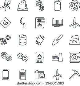 Thin Line Icon Set - gear vector, factory, trowel, glove, sickle, truck trailer, flammable, oil barrel, battery, low, root setup, sun panel, windmill, crane, water heater, hard work