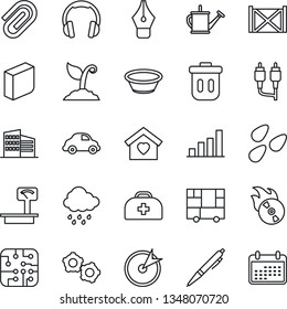 Thin Line Icon Set - gear vector, watering can, sproute, rain, seeds, doctor case, car delivery, container, consolidated cargo, heavy scales, flame disk, headphones, rca, paper clip, bar graph, bowl