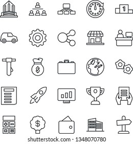 Thin Line Icon Set - gear vector, case, calculator, tie, document, manager place, statistic monitor, hierarchy, office building, rocket, wallet, money bag, clock, earth, car, social media, pedestal