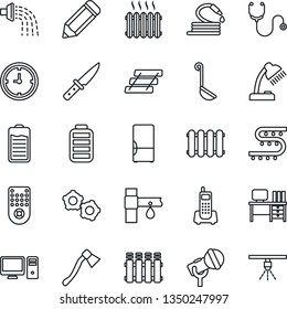 Thin Line Icon Set - gear vector, desk, pencil, watering, hose, axe, drip irrigation, stethoscope, office phone, clock, microphone, remote control, battery, lamp, paper tray, heater, fridge, ladle