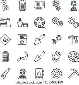 Thin Line Icon Set - gear vector, factory, trowel, glove, saw, sickle, truck trailer, sea port, flammable, reel, battery, root setup, sun panel, crane, water heater, hard work