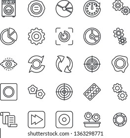Thin Line Icon Set - gear vector, contract, circle chart, stamp, pills blister, fast forward, rec button, update, record, eye id, pie graph, target, washer, flower in pot, clock, crisis management