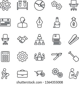 Thin Line Icon Set - gear vector, hierarchy, job, wheelbarrow, pruner, blood test vial, themes, root setup, calendar, case, pie graph, calculator, ink pen, office chair, support, meeting, handshake