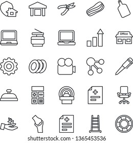 Thin Line Icon Set - gear vector, growth statistic, calculator, pen, ladder, pruner, diagnosis, tomography, joint, store, warehouse, video camera, laptop pc, copier, reception, plates, bacon
