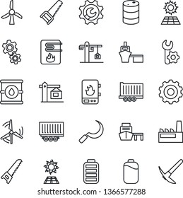 Thin Line Icon Set - gear vector, saw, sickle, truck trailer, sea port, oil barrel, battery, root setup, sun panel, windmill, crane, factory, water heater, hard work