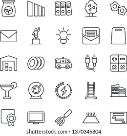 Thin Line Icon Set - gear vector, mail, pedestal, calculator, garden fork, ladder, fertilizer, ambulance car, sorting, monitor, rca, charge, sertificate, paper binder, fruit tree, warehouse, plates