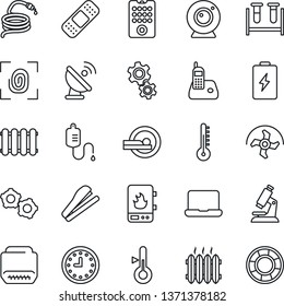 Thin Line Icon Set - gear vector, ripper, hose, blood test vial, dropper, microscope, patch, tomography, clock, satellite antenna, radio phone, hdmi, notebook pc, stapler, heater, fingerprint, water