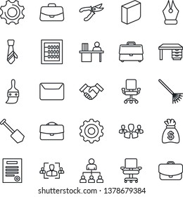 Thin Line Icon Set - gear vector, hierarchy, case, desk, money bag, job, rake, pruner, settings, themes, hr, abacus, ink pen, office chair, blank box, manager, tie, handshake, contract, mail, group