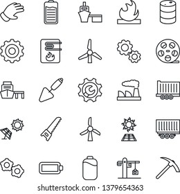 Thin Line Icon Set - gear vector, factory, trowel, glove, saw, truck trailer, sea port, flammable, oil barrel, reel, battery, root setup, windmill, crane, water heater, sun panel, hard work