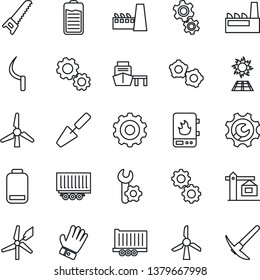 Thin Line Icon Set - gear vector, trowel, glove, saw, sickle, truck trailer, sea port, battery, low, root setup, windmill, crane, factory, water heater, sun panel, hard work