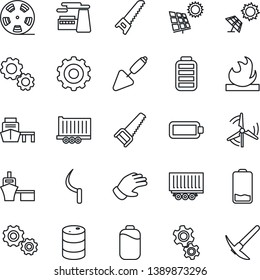 Thin Line Icon Set - gear vector, factory, trowel, glove, saw, sickle, truck trailer, sea port, flammable, oil barrel, reel, battery, low, sun panel, windmill, hard work