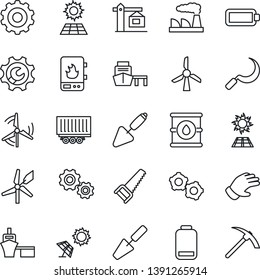 Thin Line Icon Set - gear vector, factory, trowel, glove, saw, sickle, truck trailer, sea port, oil barrel, low battery, root setup, sun panel, windmill, crane, water heater, hard work