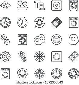 Thin Line Icon Set - gear vector, contract, circle chart, stamp, pills blister, rec button, record, eye id, update, target, washer, flower in pot, omelette, clock, crisis management
