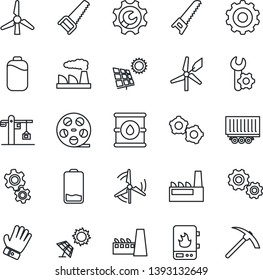 Thin Line Icon Set - gear vector, factory, glove, saw, truck trailer, oil barrel, reel, low battery, root setup, sun panel, windmill, crane, water heater, hard work
