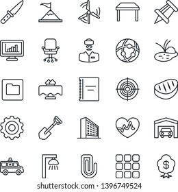Thin Line Icon Set - gear vector, office building, chair, drawing pin, shovel, pond, heart pulse, ambulance car, doctor, menu, network, folder, copybook, monitor statistics, paper clip, target