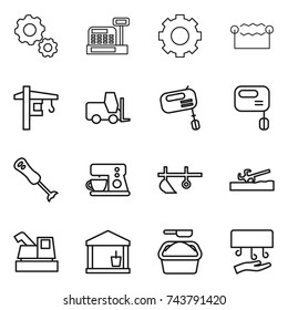 thin line icon set : gear, cashbox, electrostatic, tower crane, fork loader, mixer, blender, coffee maker, plow, soil cutter, harvester, utility room, washing powder, hand dryer