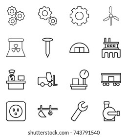 thin line icon set : gear, windmill, nuclear power, nail, hangare, factory, customs control, fork loader, warehouse scales, railroad shipping, socket, plow, wrench, water pump