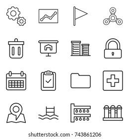 thin line icon set : gear, statistics, flag, spinner, bin, presentation, district, lock, calendar, clipboard check, documents, first aid, map, pool, watering, grain elevator