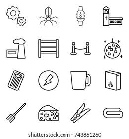 thin line icon set : gear, virus, smart watch, church, factory, rack, vip fence, disco ball, inflatable mattress, electricity, cup, cereals, fork, cheese, clothespin, towel