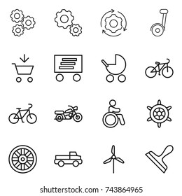 thin line icon set : gear, around, segway, add to cart, delivery, baby stroller, bike, motorcycle, invalid, handwheel, wheel, pickup, windmill, scraper