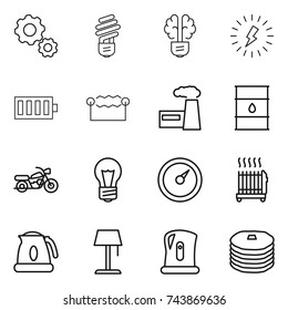 thin line icon set : gear, bulb, brain, lightning, battery, electrostatic, factory, barrel, motorcycle, barometer, radiator, kettle, floor lamp, pancakes